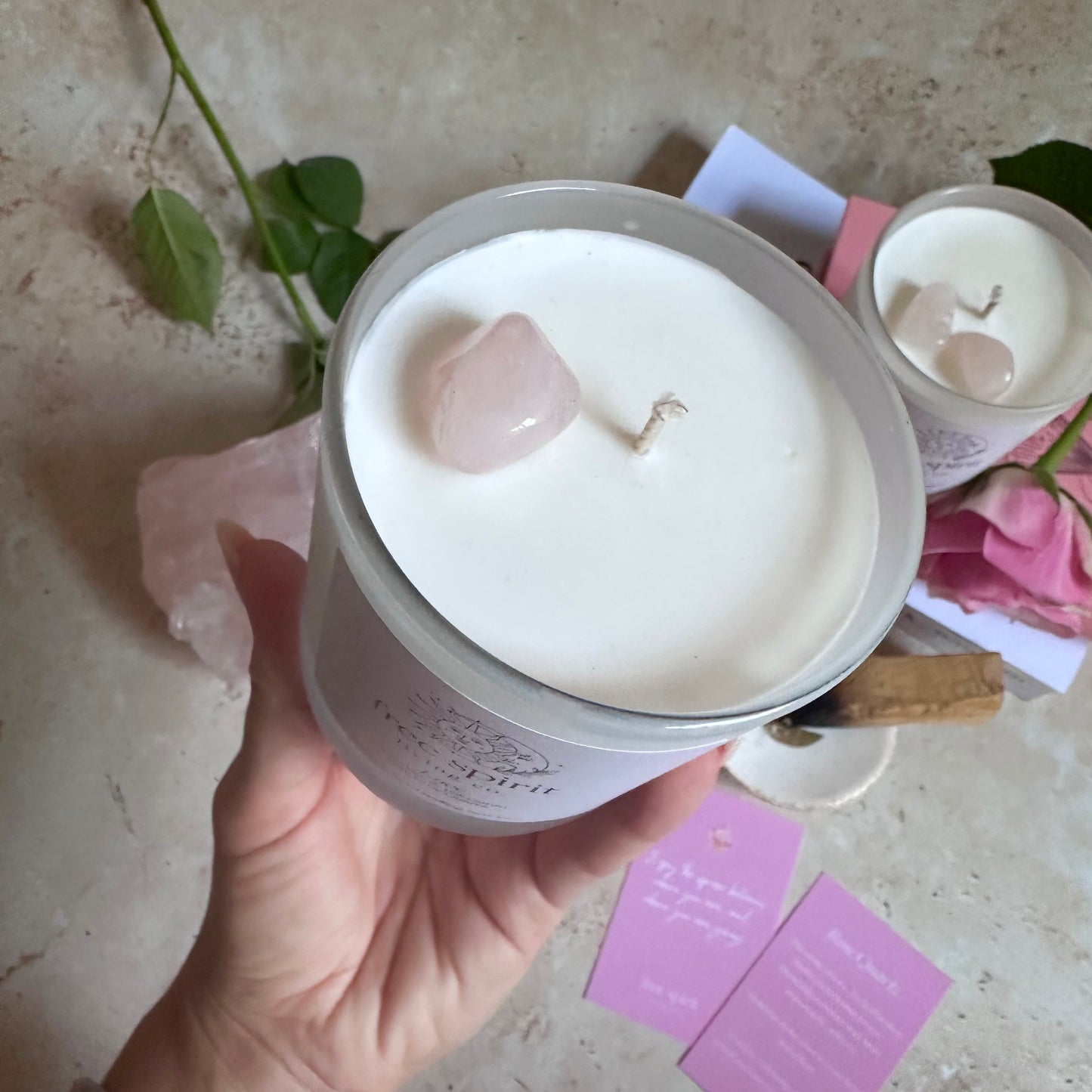 Love | Palo Santo & Rose Scented Candle Infused with Rose Quartz